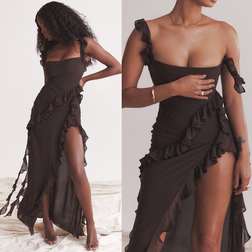 HOUSE OF CB 'Ariela' Espresso Ruffle Maxi Dress brown NWOT size XS